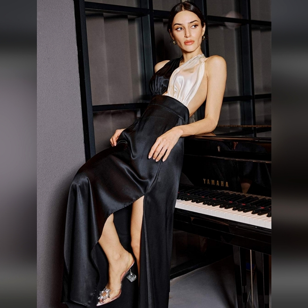 Silk Maison Piano Halter Maxi 100% Mulberry Silk Slip Dress Black/White NWT